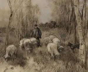 Johannes Josephus Garjeanne - Gemengde techniek op papier - "landschap met herder en schapen" kopen? Bied vanaf 175!