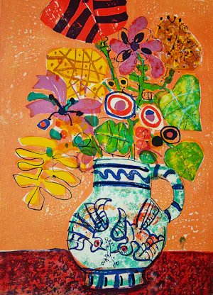 Paul Augustin Aizpiri - Groot - Epreuve d'Artiste - Kleurenlitho Bouquet au fond orange - mooi ingelijst kopen? Bied vanaf 76!