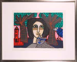 Corneille - Zeefdruk, Femme et chat - Ingelijst verkocht voor € 200!