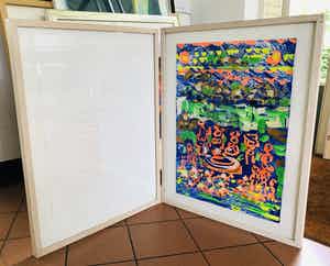 Simon Vinkenoog - Twee-luik met handgeschreven gedicht (Simon) en origineel werk Theo Niermeijer verkocht voor € 245!