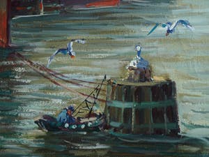 Niet of onleesbaar gesigneerd - Olieverf op doek , Havengezicht, Rotterdam? – ingelijst & gesigneerd kopen? Bied vanaf 1!