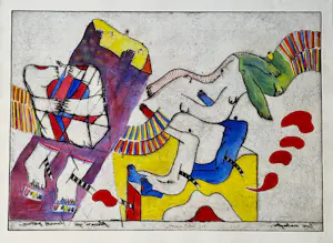 Hannes Postma - Grote handgekleurde reliëf Ets - 1966 - E.A. exemplaar "twee armlengten" kopen? Bied vanaf 58!