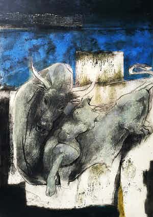 Ru van Rossem - Europa en de stier, aquatint ets met reliëfdruk (ingelijst, groot) verkocht voor € 175!