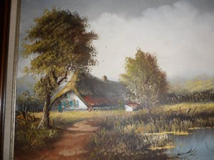 Niet of onleesbaar gesigneerd - Olieverf op doek, landschap met huis, water en natuur kopen? Bied vanaf 10!