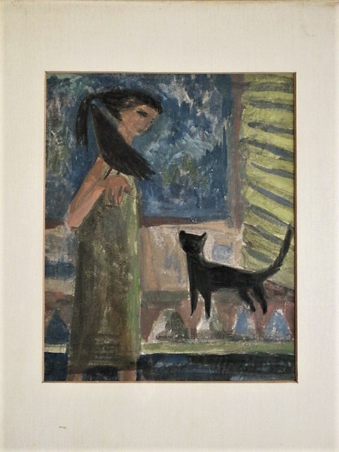 Carla Daalderop Bruggeman - Bijzonder kubistisch Aquarel "Vrouw zwarte kat en Kraai" gesigneerd  kopen? Bied vanaf 1!
