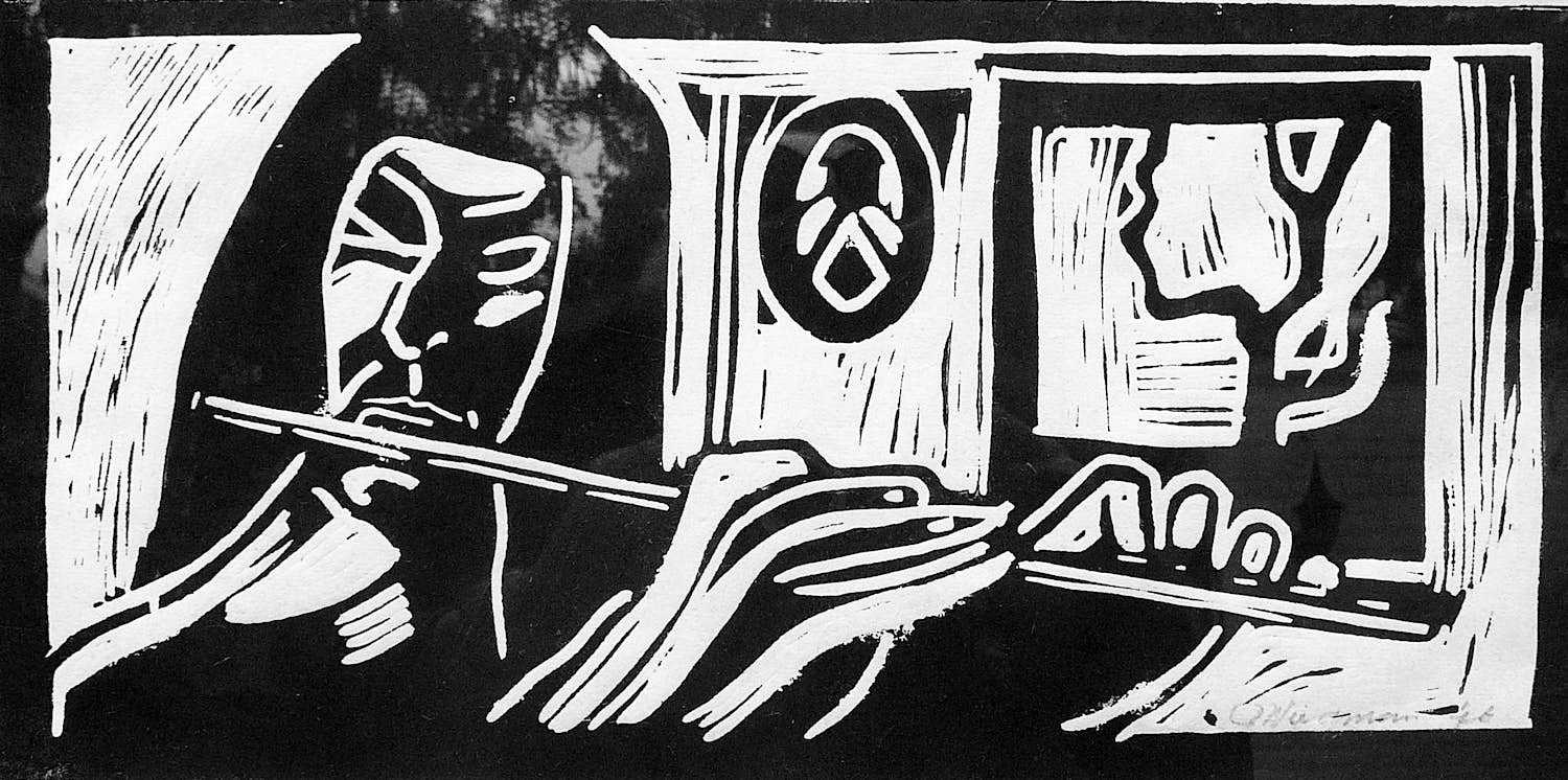 Piet Wiegman (II) - De fluitiste -linoleumsnede 1976- verkocht voor € 65!