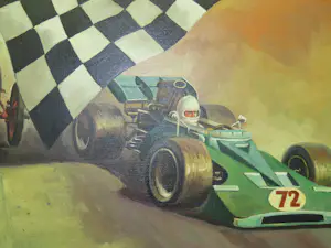 Frits Pieters - 2 schilderijen Tourist Trophy, The checkered flag, en boek Great Auto Races 1980 kopen? Bied vanaf 600!