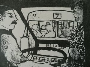 Manuel Kurpershoek - houtsnede met titel: vanuit de bus kopen? Bied vanaf 47!