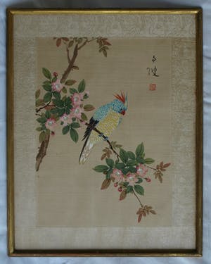 Niet of onleesbaar gesigneerd - Ingelijste aquarel op zijde, Japan? China? , Papagaai kopen? Bied vanaf 1!