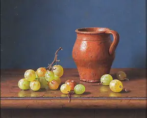 Eric De Vree - Olieverf op paneel, Stilleven met kan en druiven - Ingelijst kopen? Bied vanaf 450!