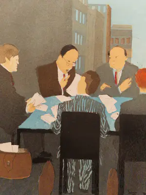 Willy Belinfante - grote Epreuve d'Artiste kleuren ets "vergadering" - met pers. opdracht gesign kopen? Bied vanaf 48!