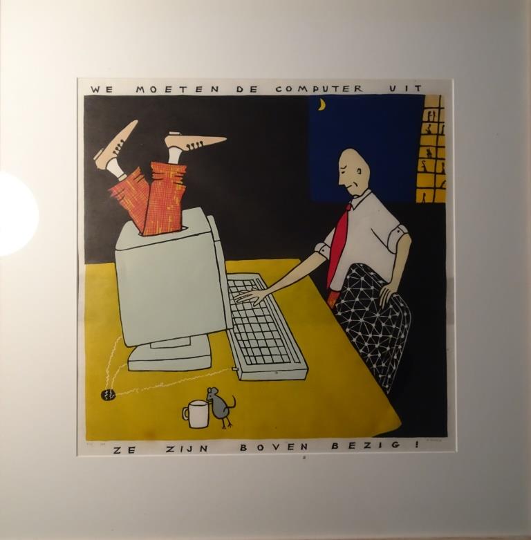 Arjenne Fakkel - Houtdruk We moeten de computer uit. Ze zijn boven bezig. kopen? Bied vanaf 1!