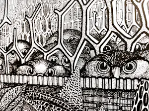 Jan Bernard Meinen - Grote & gedetailleerde Inkt-tekening "Vogels in dozen" - 1974 - gesigneer kopen? Bied vanaf 29!