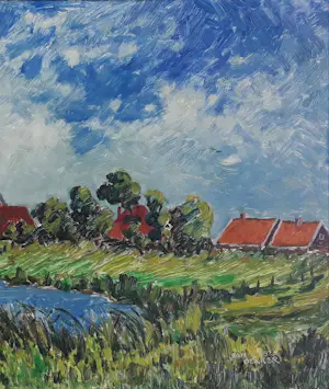 Jan Dekker - Kleurrijk landschap met dorphe aan water kopen? Bied vanaf 75!