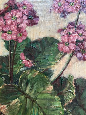 H. Wiegman - Olieverf schilderij roze plant in pot, gelijst en gesigneerd kopen? Bied vanaf 45!