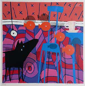 Peter Bastiaanssen - Z.T. De hond met vissen - ingelijst verkocht voor € 100!