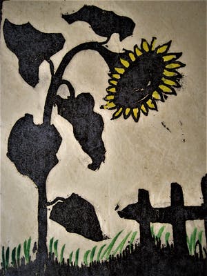 Jac. de Beer - Verstilde handingekleurde Houtsnede "Zonnebloem" kleine oplage 3/50 kopen? Bied vanaf 20!