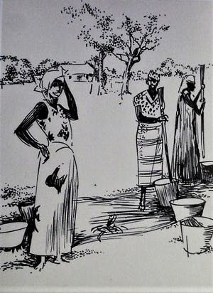 Karel van Seben - Mooie scherpe Inkttekening "Afrika - vrouwen in dorp" gesigneerd kopen? Bied vanaf 29!