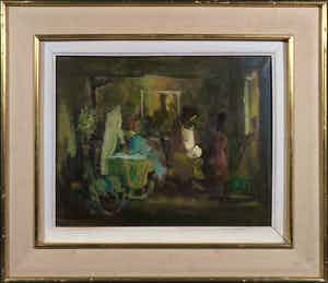 Niet of onleesbaar gesigneerd - Olieverf op doek, Kraamkamer met wieg verkocht voor € 1!