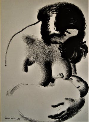 Aage Sikker Hansen - Originele 1937 Lithografie - Morn og Barn - gesigneerd - GROOT! kopen? Bied vanaf 64!