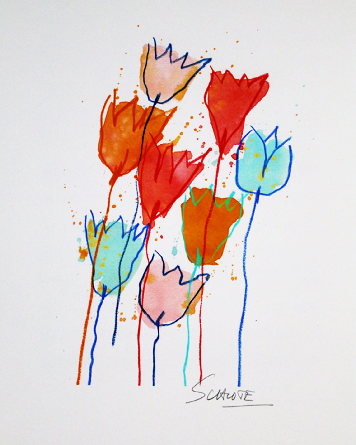 Wilhelm Schlote - Kleurengiclee TULPEN in PASTEL Handgesigneerd. verkocht voor € 35!