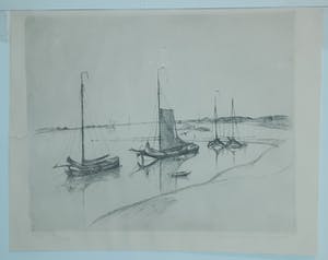 Antoon Derkzen van Angeren - Zeilschepen liggend aan de oever kopen? Bied vanaf 20!