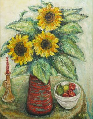 Niet of onleesbaar gesigneerd - Olieverf op board, Stilleven met zonnebloemen - Ingelijst kopen? Bied vanaf 1!