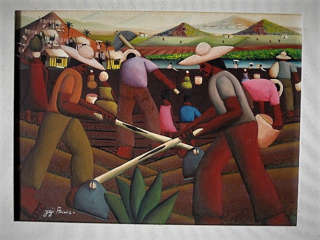 Niet of onleesbaar gesigneerd - Brazilie Naïeve Kunst "Boeren op het land bij de Iguaçu rivier" gesigneerd verkocht voor € 1!