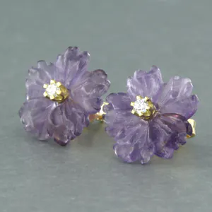 18k geel gouden oorknoppen met amethist en diamant 0.08 ct - F/G - VS/SI kopen? Bied vanaf 175!