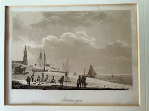Samuel Ireland - Ets aquatint Scheveningse Strand met Vissers + oude landkaart van Scheveningen kopen? Bied vanaf 29!