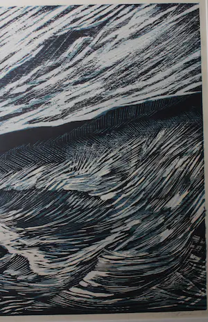 Mike Werkhoven - Grote ingelijste houtsnede "Kustlijn 8" kopen? Bied vanaf 1!