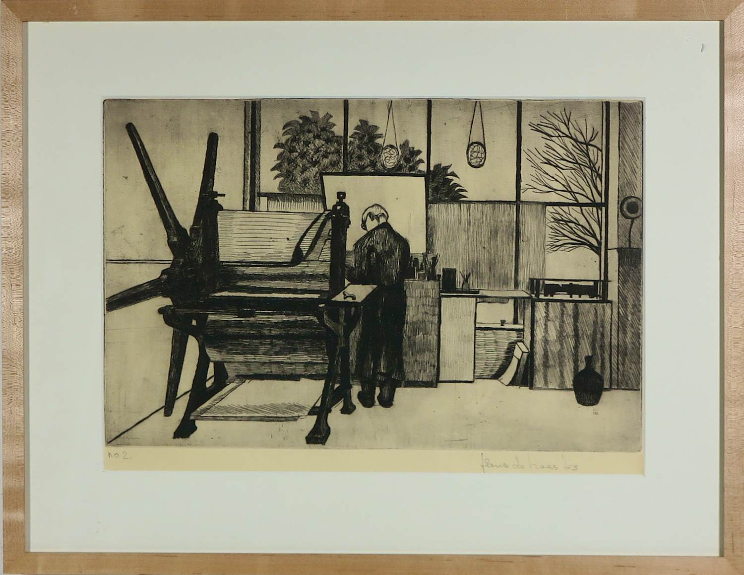 Frans de Haas - Droge naald ets op papier, De etsdrukker scherft - Ingelijst verkocht voor € 40!