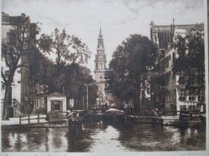 Niet of onleesbaar gesigneerd - Ingelijste ets Groenburgwal Amsterdam, gesigneerd kopen? Bied vanaf 1!
