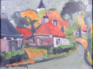 Wim van der Veer - Acryl op doek, Dorp in Noord-Frankrijk - Ingelijst verkocht voor € 100!