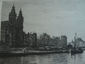 Maarten Langbroek - Ingelijste ets, Prins Hendrikkade, Amsterdam – ca. 1970 kopen? Bied vanaf 40!
