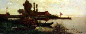 Henk Leurs - Hollands landschap met bootjes in rietkraag bij meer kopen? Bied vanaf 175!