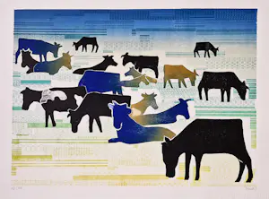 Buy Frans de Jong - Grote kleuren Sjabloondruk "koeien in de wei" - potlood gesigneerd? Bid from 39!