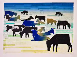 Buy Frans de Jong - Grote kleuren Sjabloondruk "koeien in de wei" - potlood gesigneerd? Bid from 39!