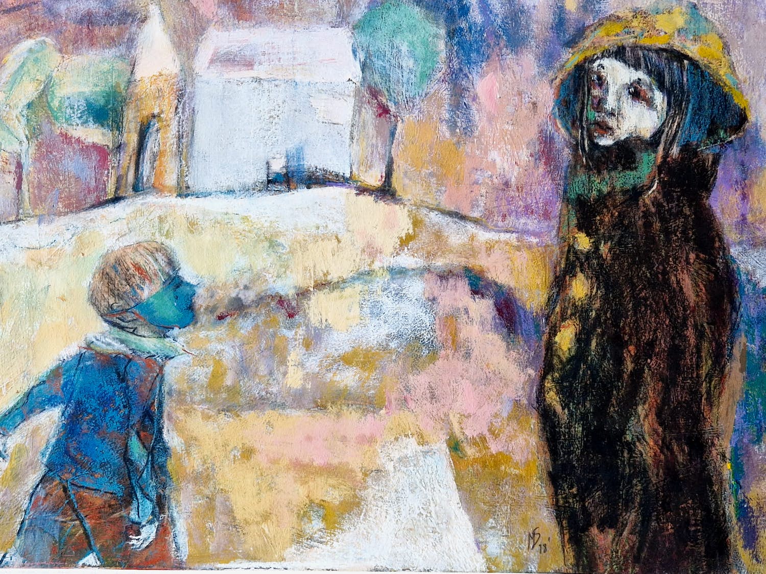 Niet of onleesbaar gesigneerd - Grote gouache op papier "personen in landschap" gesigneerd kopen? Bied vanaf 1!