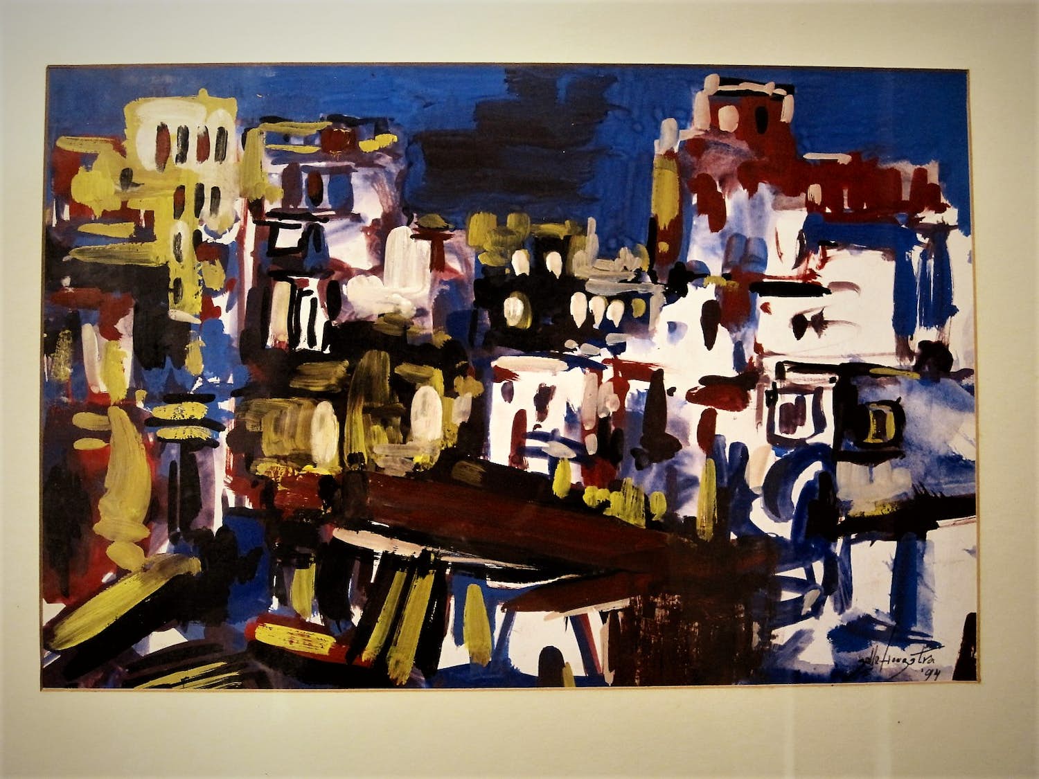 Jelle Hoogstra - Mooie expressionistische 1994 Gouache "stadsgezicht" profess. ingelijst verkocht voor € 73!