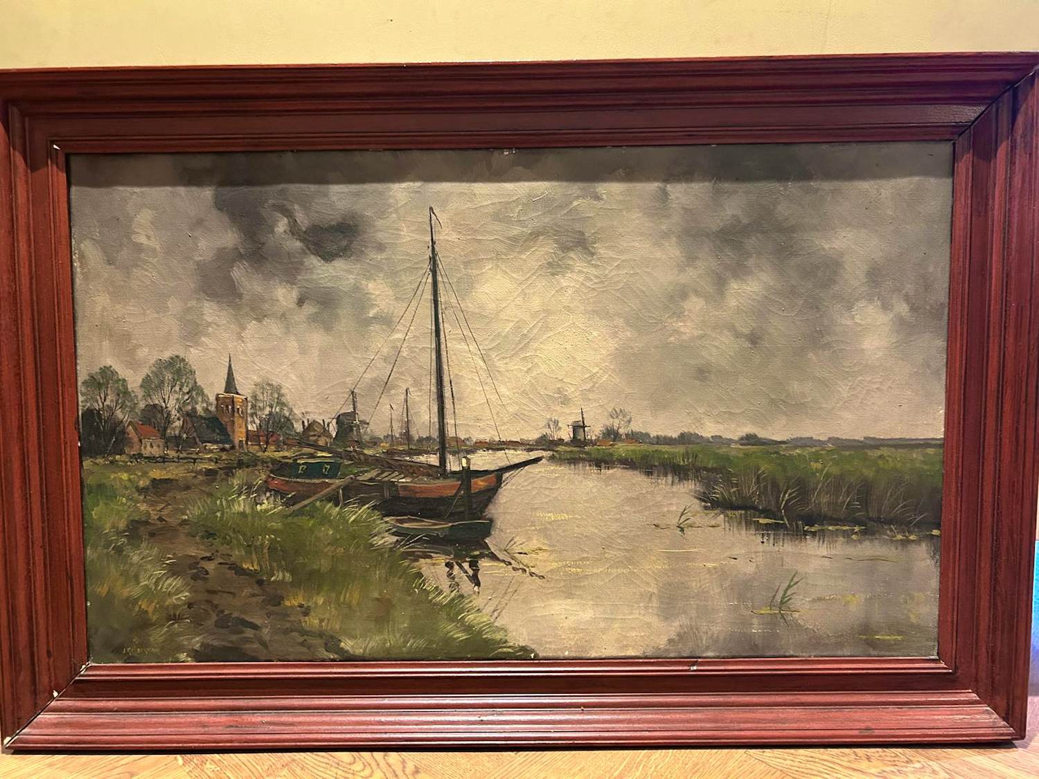 Jan Kelderman - Polderlandschap met zeilboot, kerktoren en molen kopen? Bied vanaf 50!