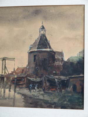Niet of onleesbaar gesigneerd - Gouache , “Watergezicht met brug en poortgebouw” - ingelijst kopen? Bied vanaf 1!