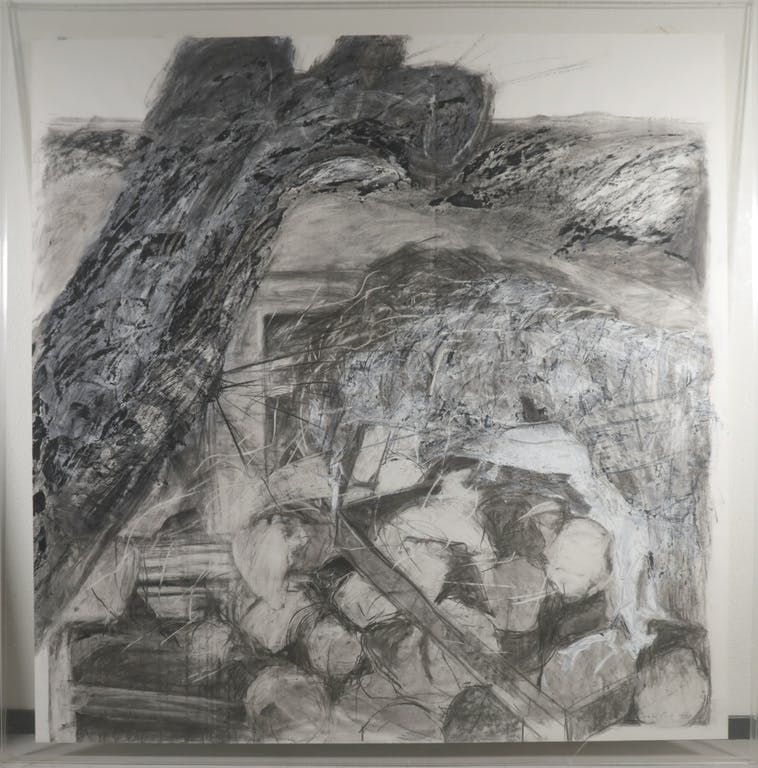 Ineke Bik - Ineke Bik: Houtskool en acryl, Polderlandschap - Ingelijst (Zeer groot) kopen? Bied vanaf 100!