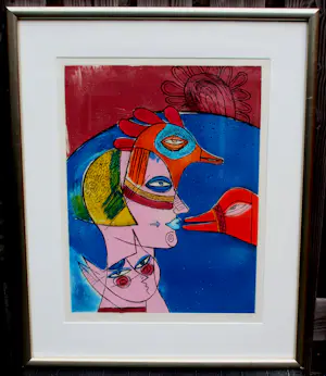 Corneille - Ingelijste ets: Jeux entre chat et oiseau - 1978(groot werk!) kopen? Bied vanaf 399!