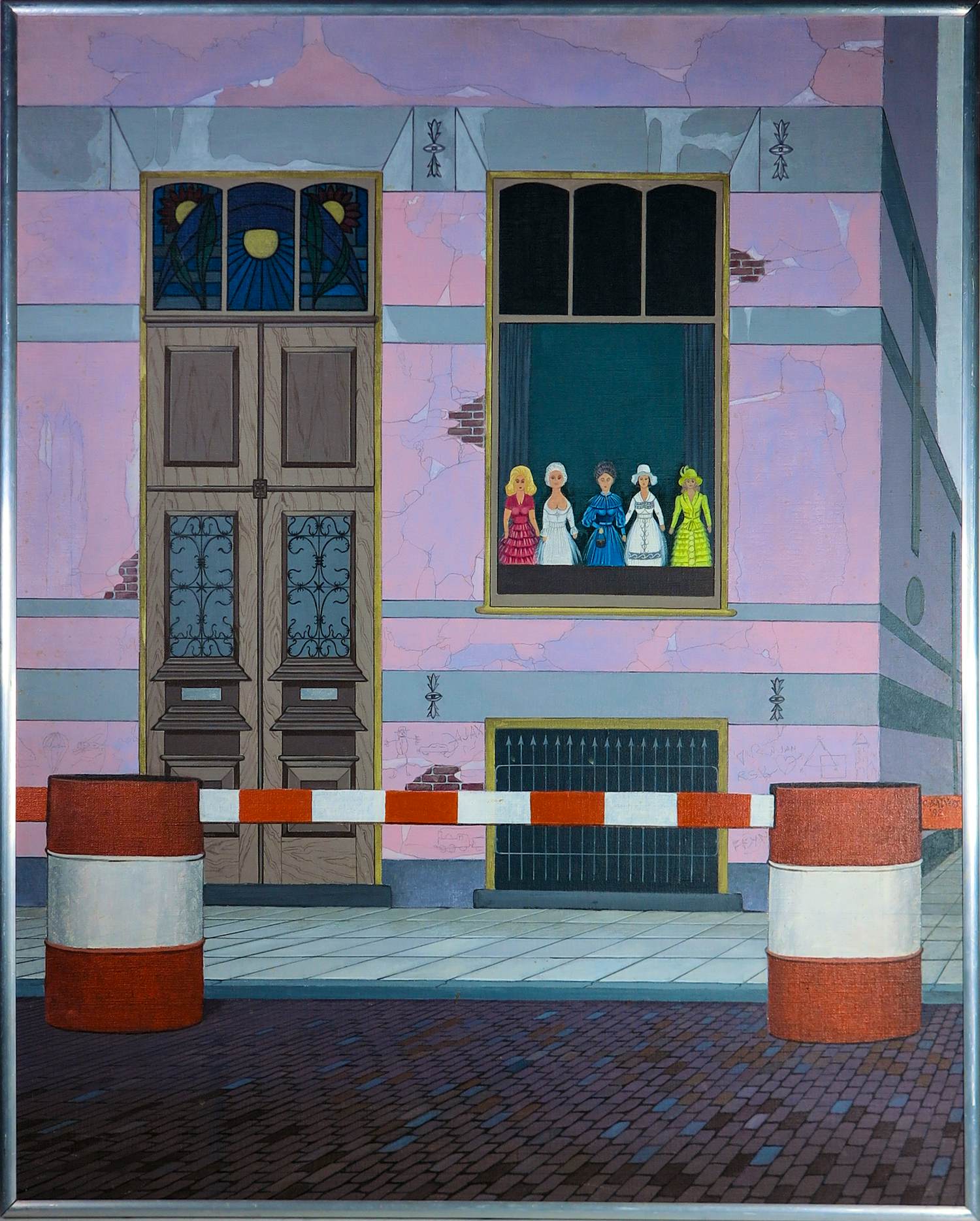 Kees Balvers - Acryl op doek, Vijf poppen voor een raam - Ingelijst kopen? Bied vanaf 100!