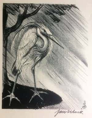 Jan Schonk - Lithografie Reiger verkocht voor € 35!