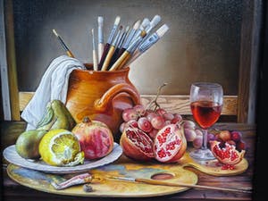 Alfonso Moreno - Stilleven schildersspullen schilderij wijn en fruit. kopen? Bied vanaf 250!