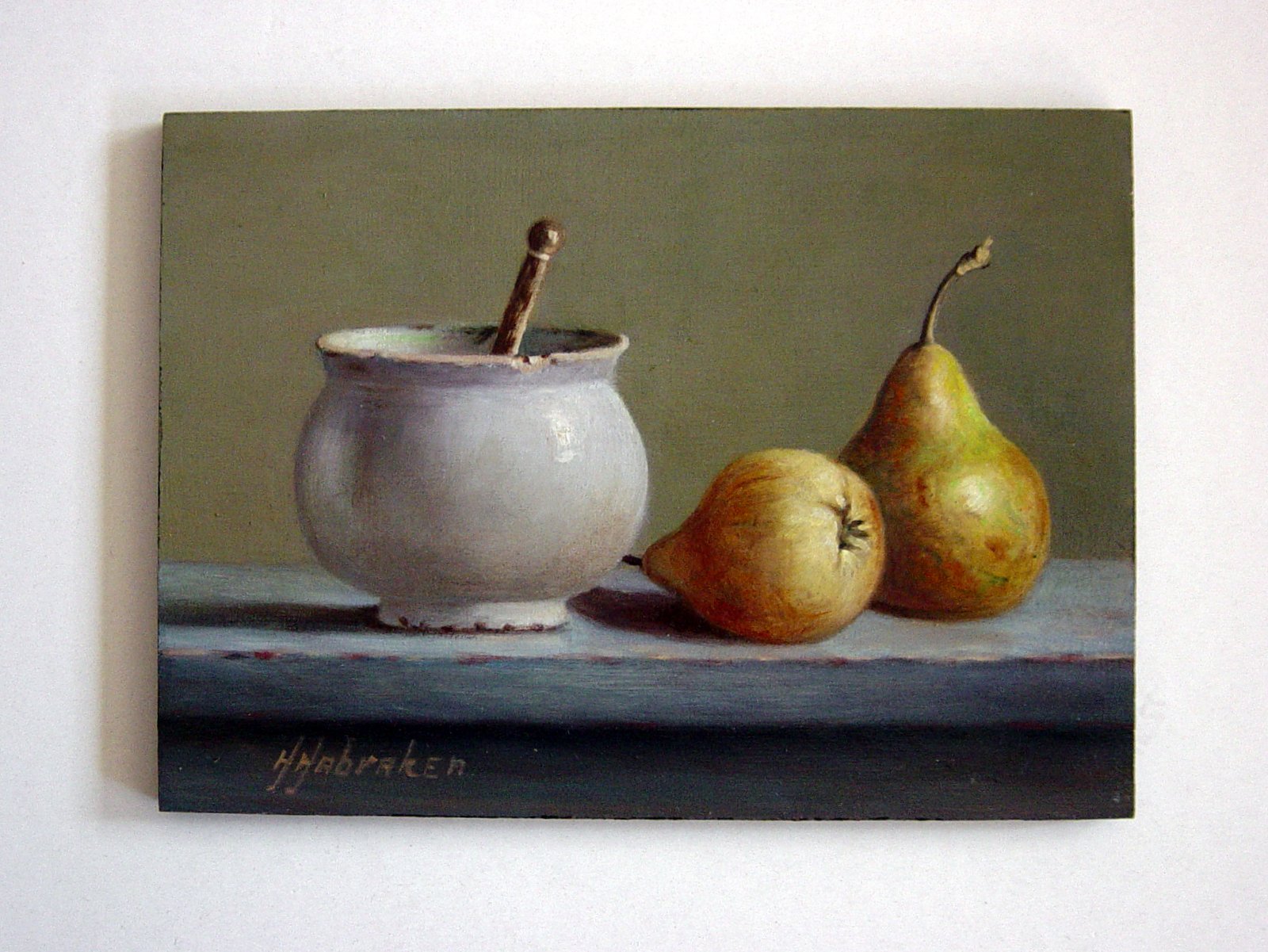 Hans Habraken - stilleven aardewerken pot met peren kopen? Bied vanaf 275!