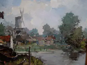 Harry Zeegers - Poldergezicht met bootjes en Molen - Harry Zeegers kopen? Bied vanaf 95!