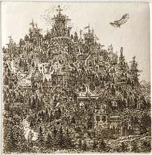 Simon Koene - Stadje met vliegende mens (1e versie) verkocht voor € 20!